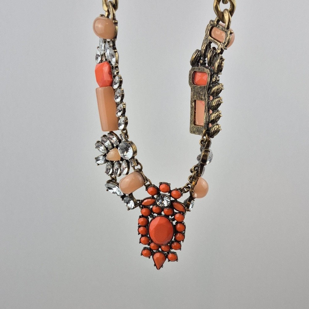 Statement‎ Bib Necklace Coral Peach Beaded Gold Tone Chunky Retro Glam Party 18" - Picture 7 of 9